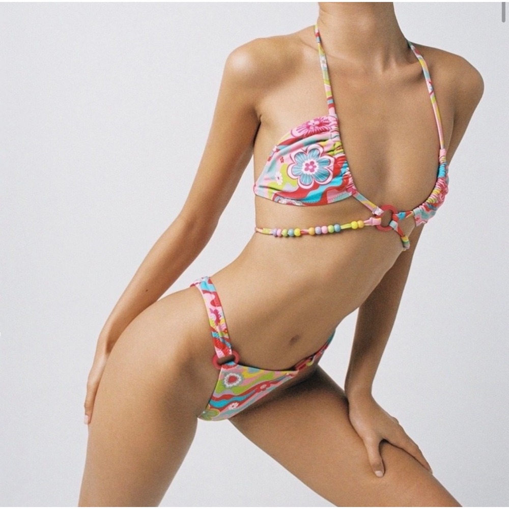 Tiger Mist Retro Floral Print‎ Halter Bikini Set Beaded Ring Accents XS